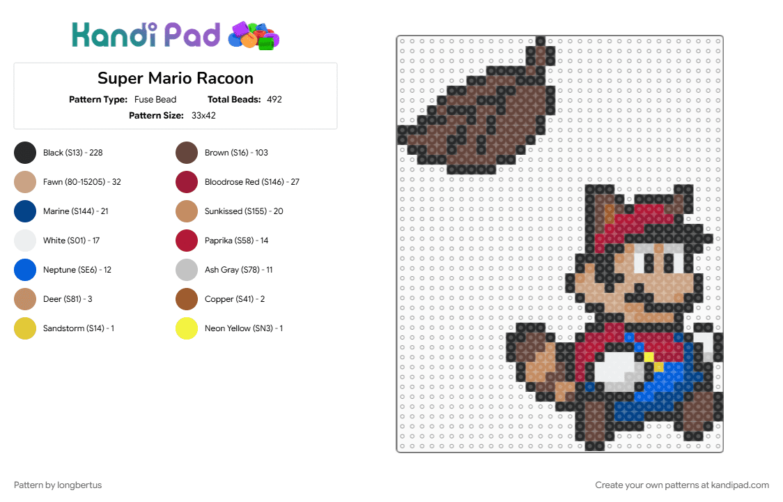 Super Mario Racoon (Keychain) - Fuse Bead Pattern by longbertus on Kandi Pad - beige, black, brown, fantasy, gaming, nintendo, red, snes, supermario, videogames