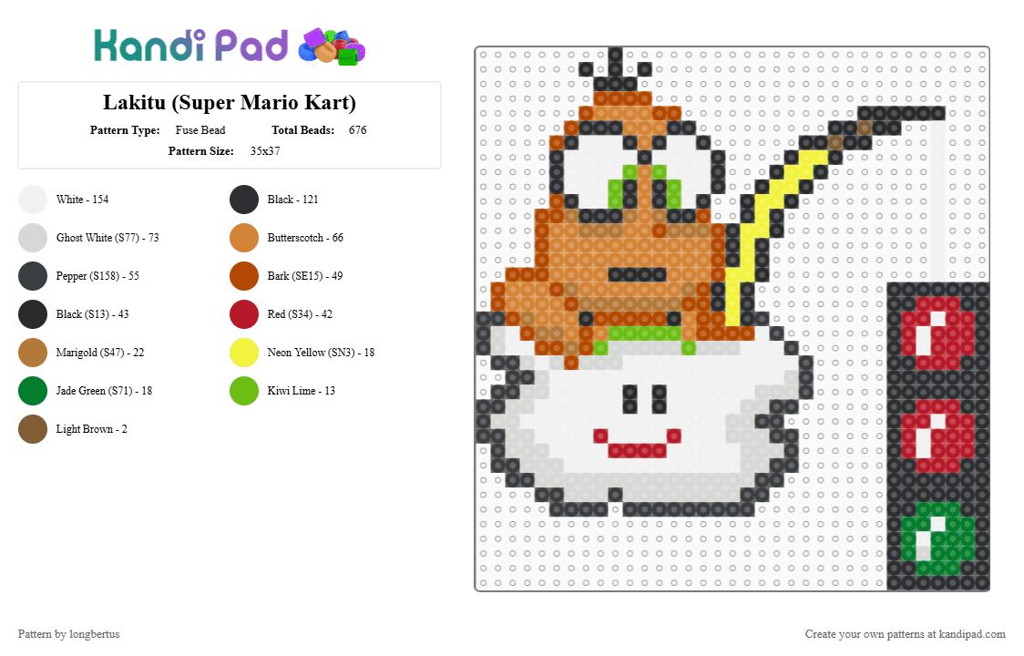 Lakitu (Super Mario Kart) - Fuse Bead Pattern by longbertus on Kandi Pad - white,red,orange,supermario,mariokart,lakitu,cloud,snes,fantasy,gaming