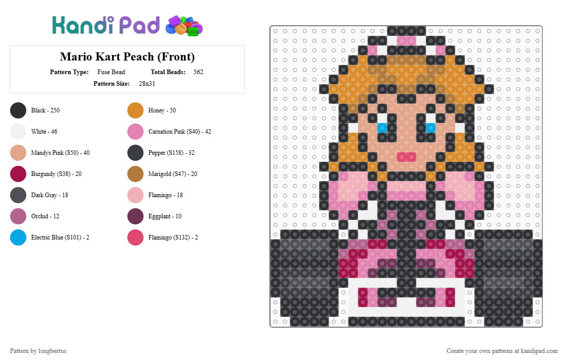 Mario Kart Peach (Front) - Fuse Bead Pattern by longbertus on Kandi Pad - black,pink,beige,orange,supermario,mariokart,fantasy,gaming,peach