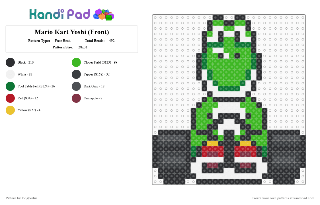Mario Kart Yoshi (Front) - Fuse Bead Pattern by longbertus on Kandi Pad - black,green,yoshi,supermario,mariokart,fantasy,gaming