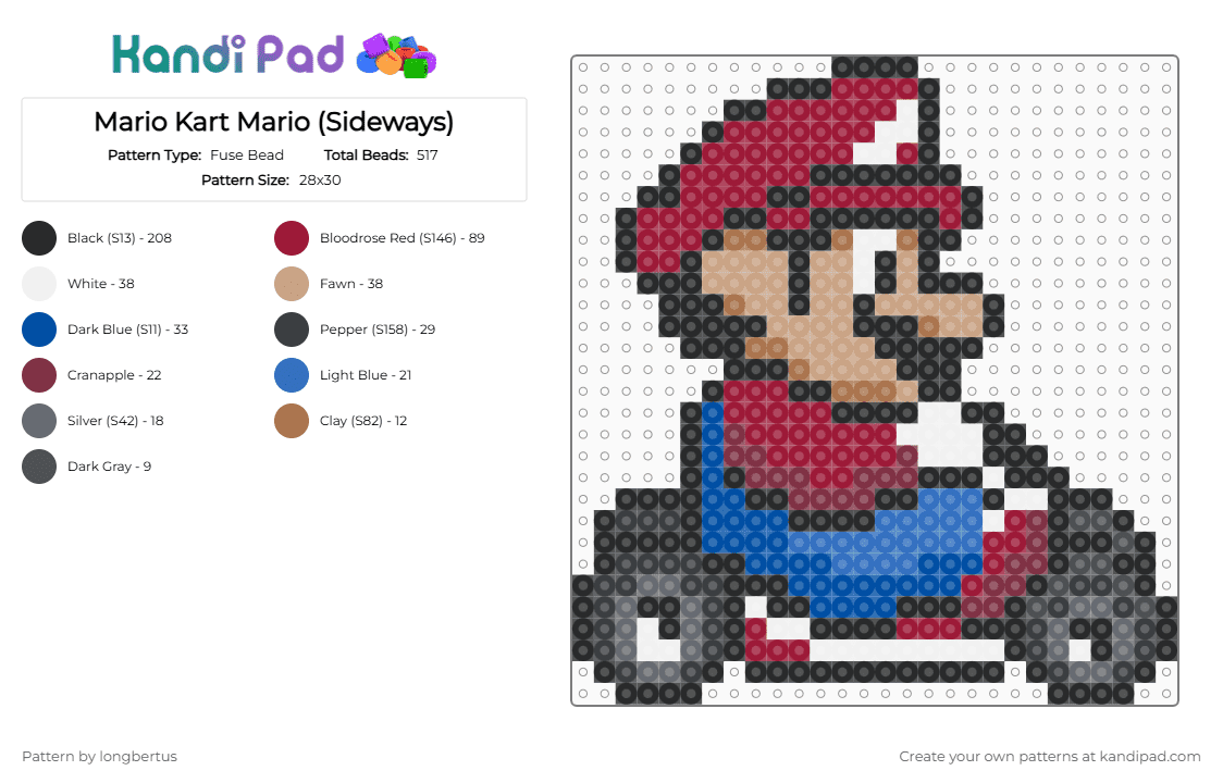 Mario Kart Mario (Sideways) - Fuse Bead Pattern by longbertus on Kandi Pad - black,red,blue,beige,gaming,fantasy,supermario,mariokart,mario
