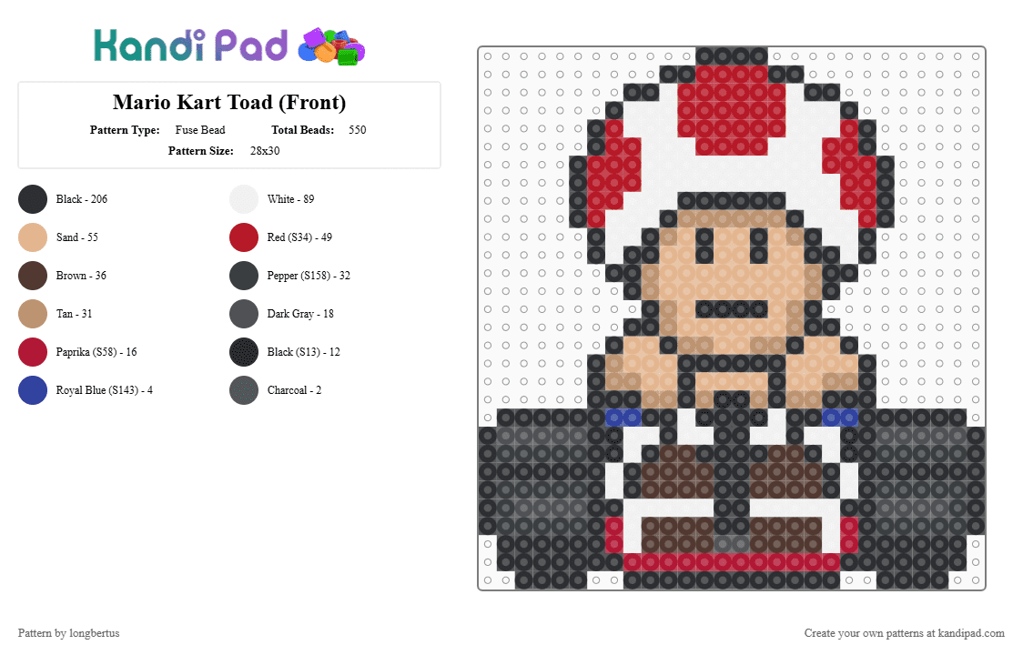 Mario Kart Toad (Front) - Fuse Bead Pattern by longbertus on Kandi Pad - black,brown,red,beige,supermario,mariokart,fantasy,gaming,toad