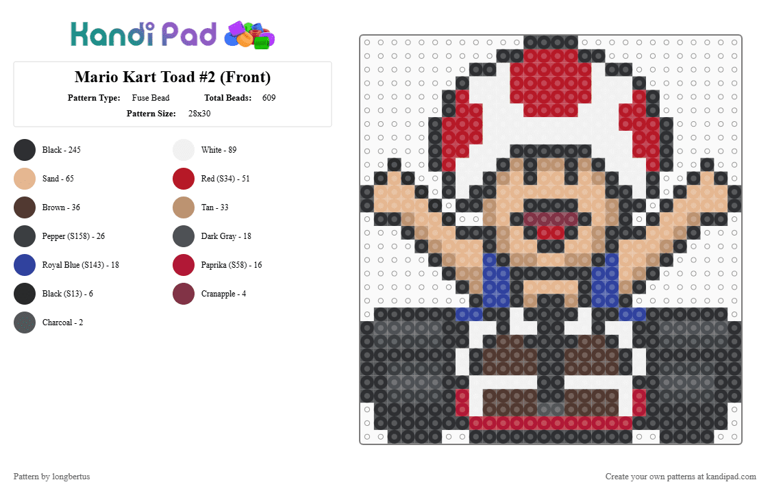 Mario Kart Toad #2 (Front) - Fuse Bead Pattern by longbertus on Kandi Pad - black,brown,red,beige,supermario,mariokart,fantasy,gaming,toad