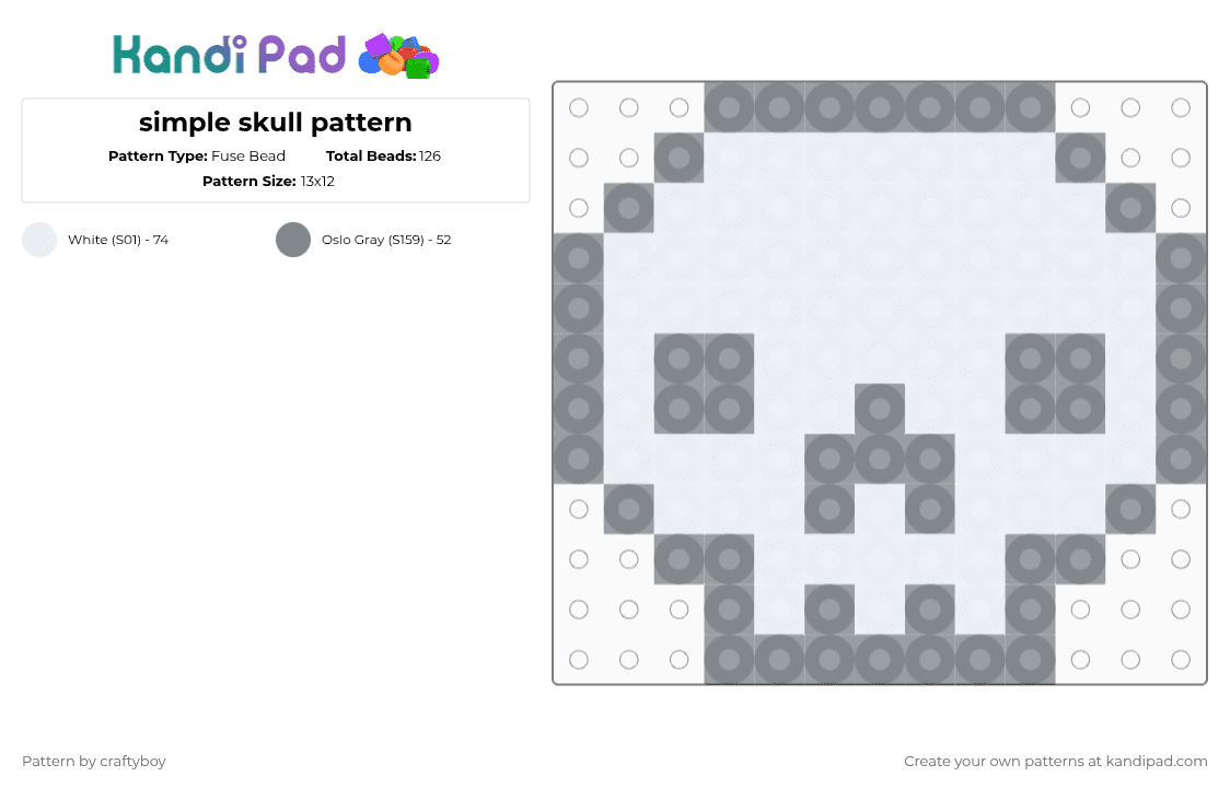 simple skull pattern - Fuse Bead Pattern by craftyboy on Kandi Pad - alt, emo, goth, gray, punk, scemo, scene, skeleton, skull, white