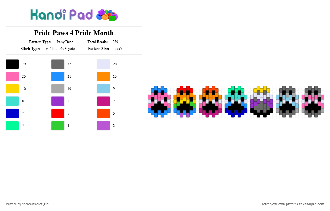Pride Paws 4 Pride Month - Pony Bead Pattern by therealaxolotlguy on Kandi Pad - light blue,pink,purple,colorful