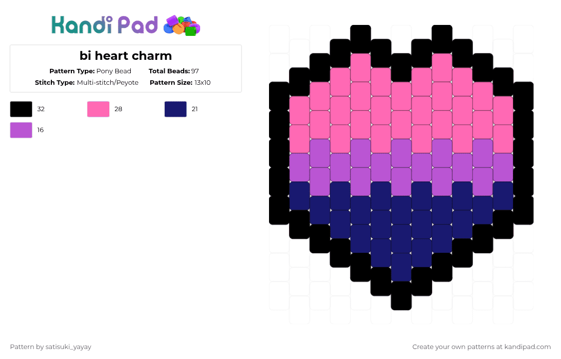 bi heart charm - Pony Bead Pattern by satisuki_yayay on Kandi Pad - pink,purple