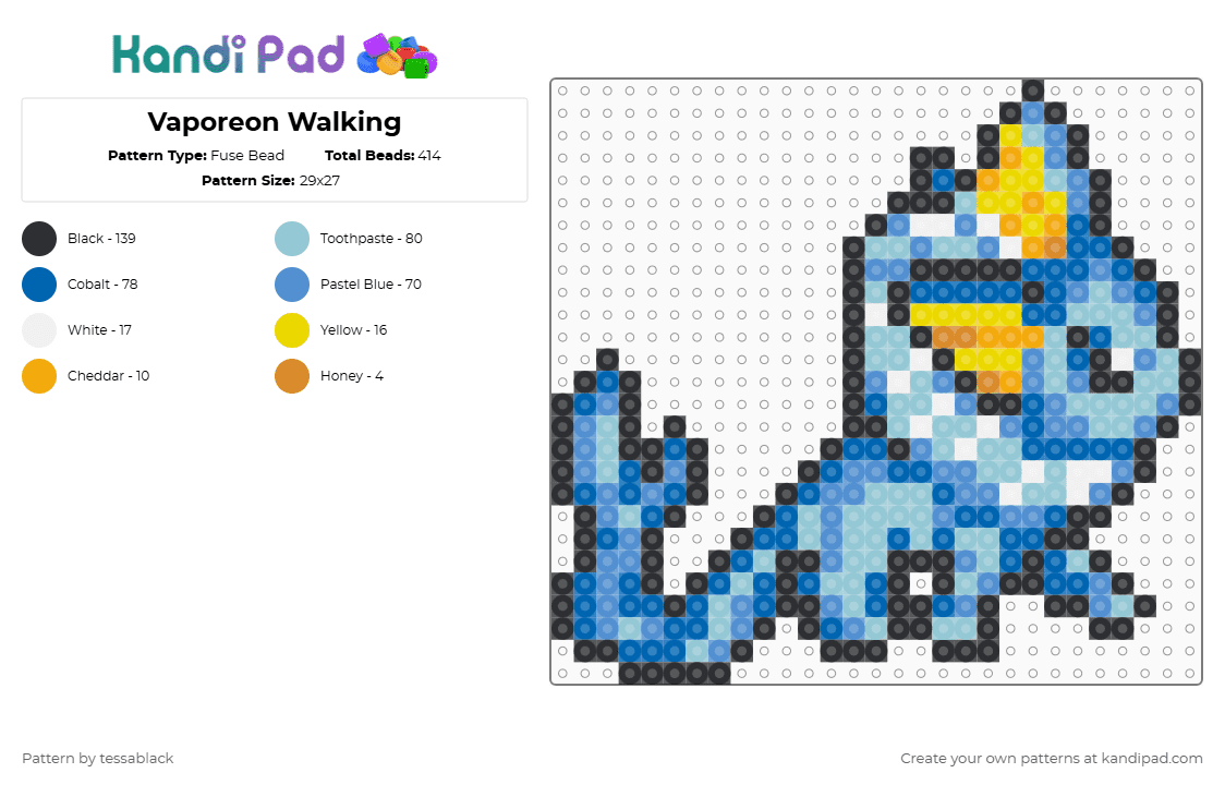 Vaporeon Walking - Fuse Bead Pattern by tessablack on Kandi Pad - blue,light blue,pokemon,eevee,eeveelution,vaporeon