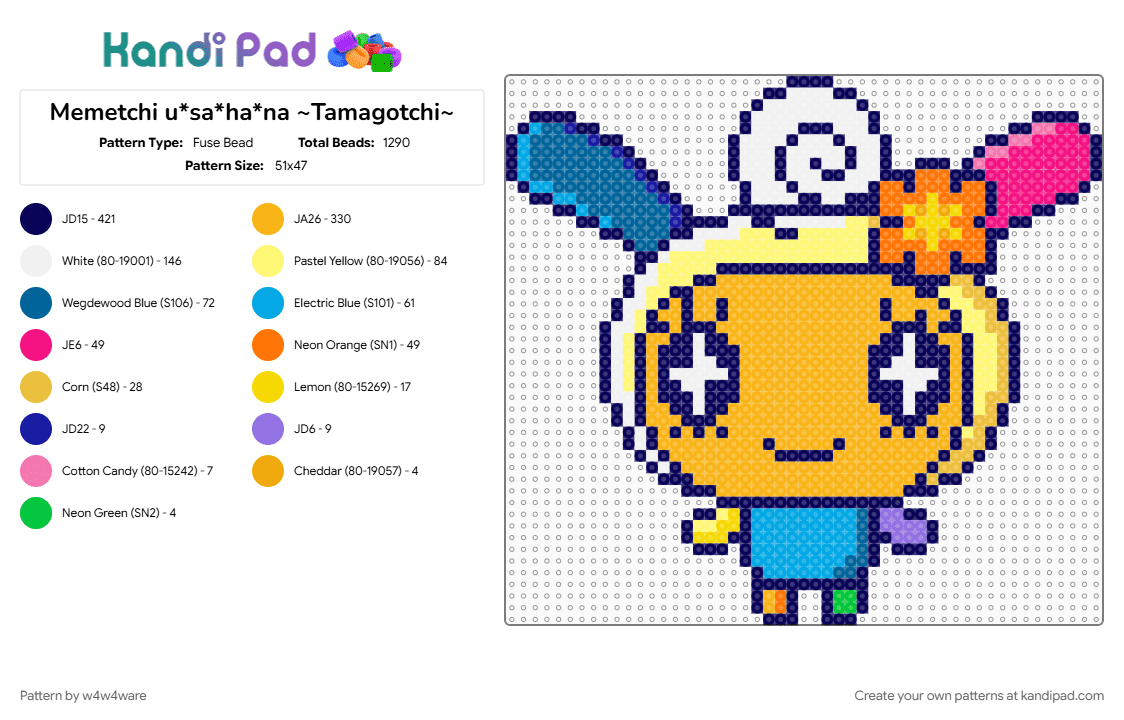 Memetchi u*sa*ha*na ~Tamagotchi~ - Fuse Bead Pattern by w4w4ware on Kandi Pad - character, cute, gaming, memetchi, orange, purple, sanrio, tamagotchi, tamaverse, usahana