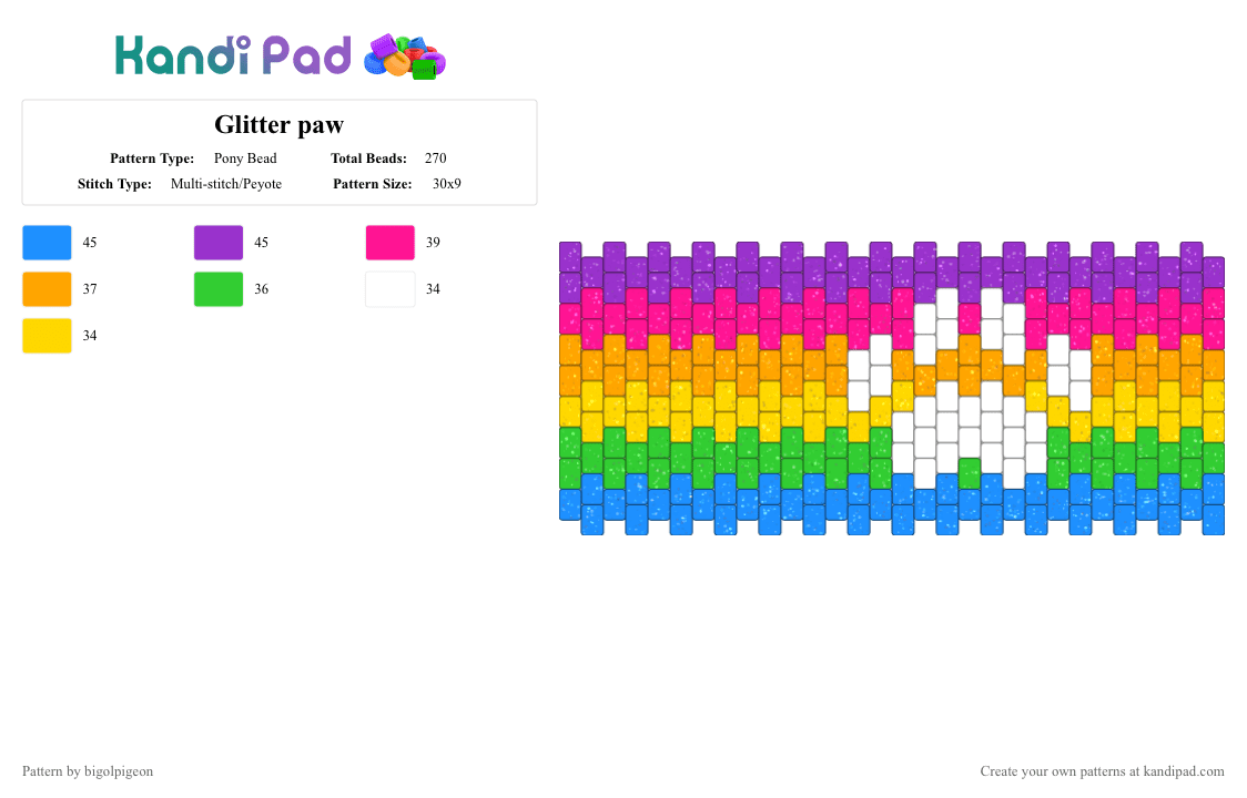 Glitter paw - Pony Bead Pattern by bigolpigeon on Kandi Pad - green,pink,colorful,paw,dog,pup,glitter,rainbow,paw print,print,multistitch