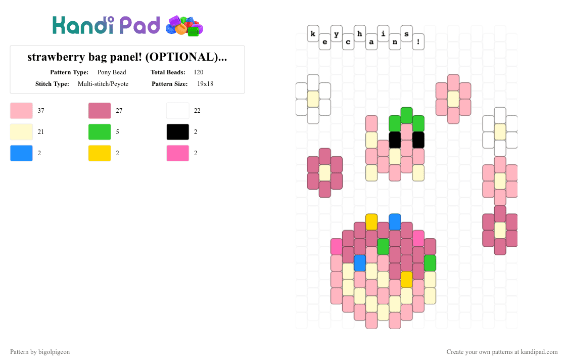 strawberry bag panel! (OPTIONAL) pt. 6: keychains (check desc) - Pony Bead Pattern by bigolpigeon on Kandi Pad - bag, keychains, panel, pink, strawberry, yellow