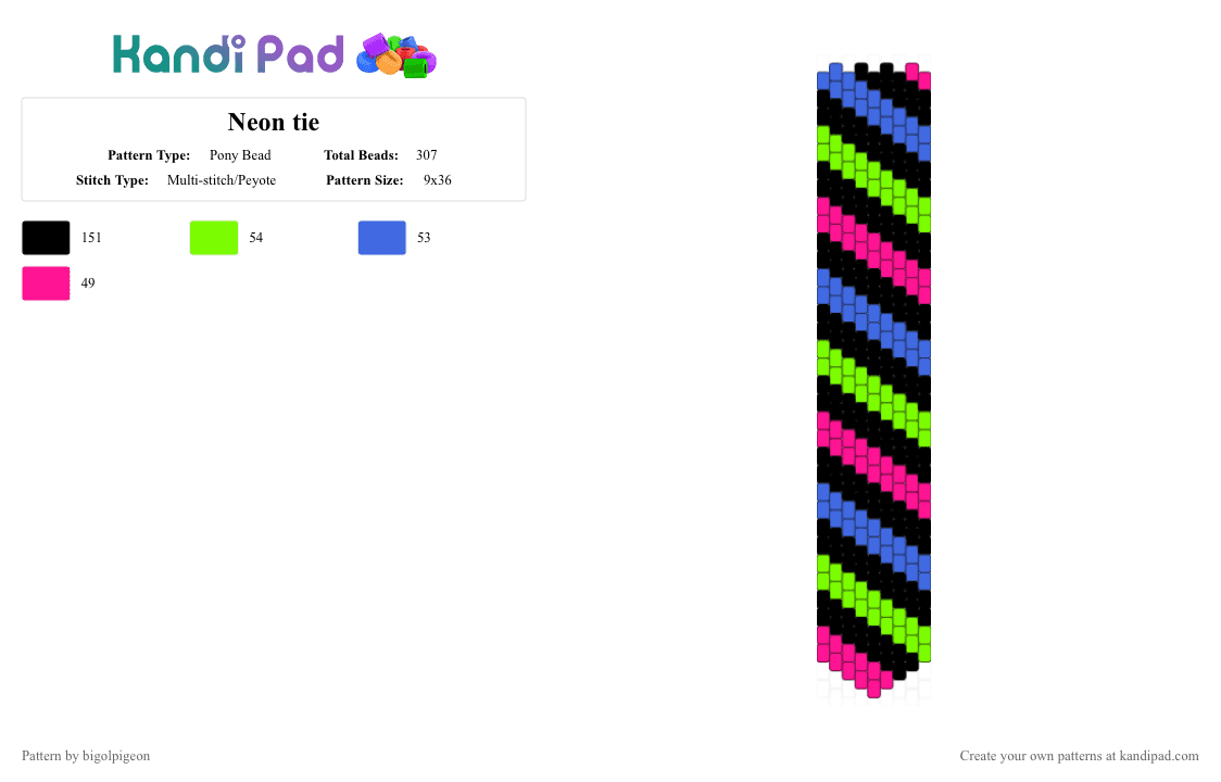 Neon tie - Pony Bead Pattern by bigolpigeon on Kandi Pad - green,blue,tie,neon,black