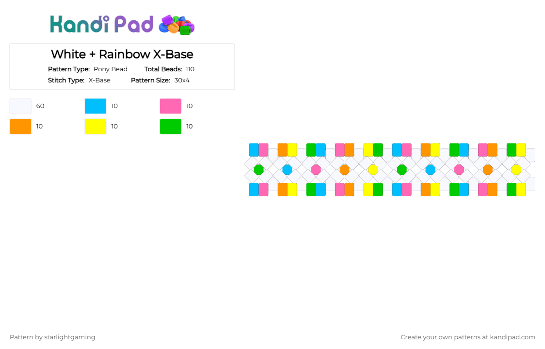 White + Rainbow X-Base - Pony Bead Pattern by yuki_playz on Kandi Pad - white,pink,yellow,colorful