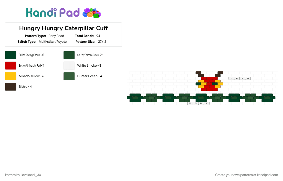 Hungry Hungry Caterpillar Cuff - Pony Bead Pattern by ilovekandi_30 on Kandi Pad - black, cotdbugs, red, yellow
