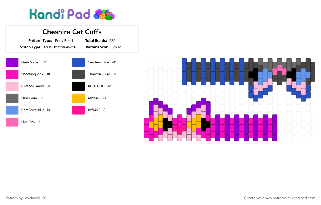 Cheshire Cat Cuffs - Pony Bead Pattern by ilovekandi_30 on Kandi Pad - blue, brown, pink, purple