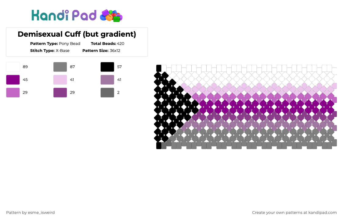 Demisexual Cuff (but gradient) - Pony Bead Pattern by esme_isweird on Kandi Pad - gray,pink,demisexual,cuff,demisexual cuff,pride,pride cuff,lgbt,lgbtqia,lgbtqia cuff