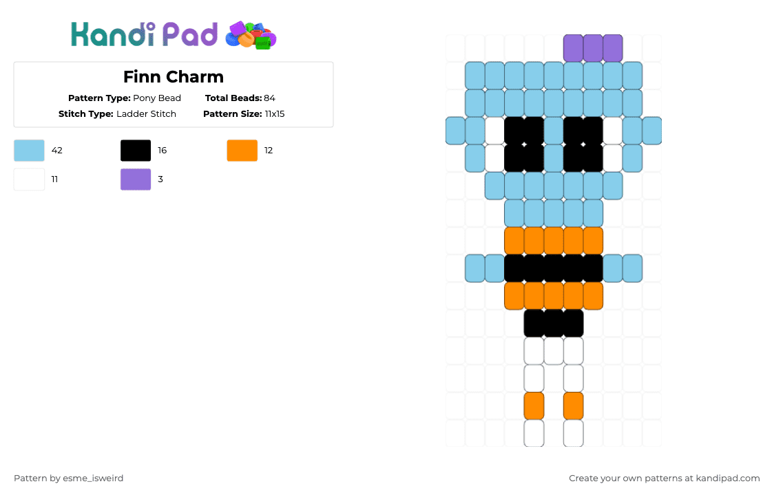 Finn Charm - Pony Bead Pattern by esme_isweird on Kandi Pad - light blue,finn,charm,finn charm,dandys world,finn dandys world,dandys world charm,ladder stitch,easy