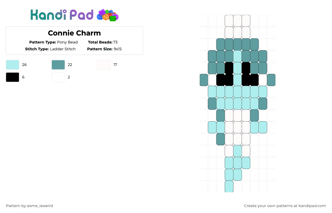 Connie Charm - Pony Bead Pattern by esme_isweird on Kandi Pad - teal,light blue,connie,dandys world,connie dandys world,easy,kandi charm,charm,connie charm,ladder stitch