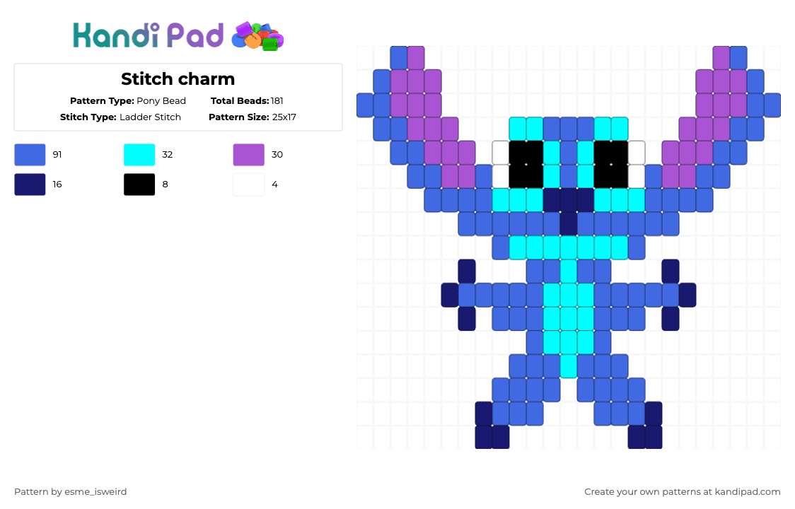 Stitch charm - Pony Bead Pattern by esme_isweird on Kandi Pad - blue, charm, disney, kandi, kandi charm, ladder stitch, lilo stitch, stitch, stitch charm