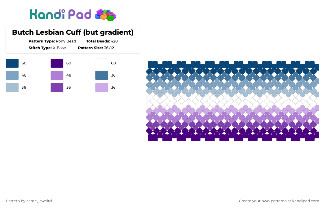 Butch Lesbian Cuff (but gradient) - Pony Bead Pattern by esme_isweird on Kandi Pad - blue,purple,butch lesbian,lesbian,butch lesbian cuff,pride,cuff,lgbt,lgbtqia,pride cuff