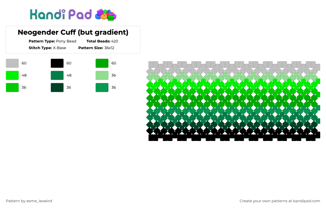 Neogender Cuff (but gradient) - Pony Bead Pattern by esme_isweird on Kandi Pad - green,neogender,cuff,neogender cuff,pride,pride cuff,lgbt,lgbtqia,lgbtqia cuff