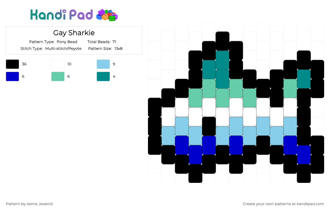 Gay Sharkie - Pony Bead Pattern by esme_isweird on Kandi Pad - black,light blue,teal,gay,shark,easy,charm,pride,lgbt