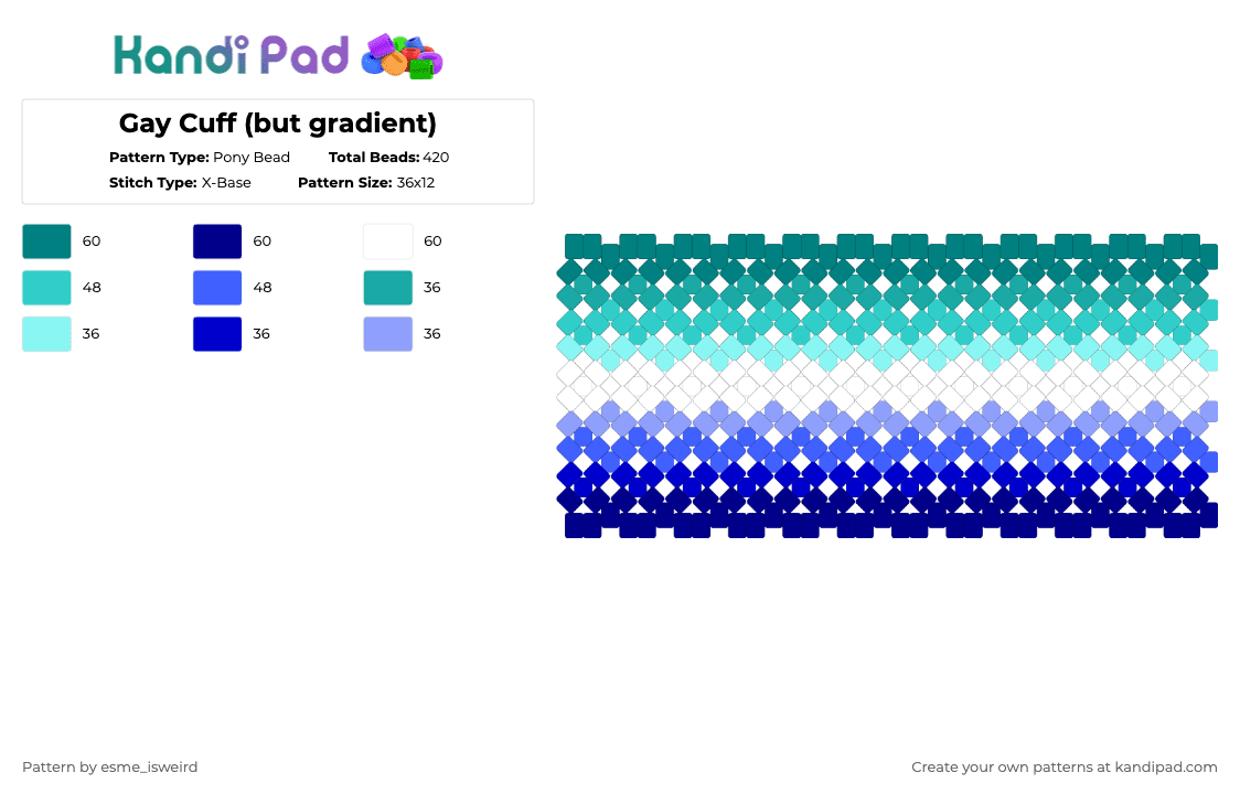 Gay Cuff (but gradient) - Pony Bead Pattern by esme_isweird on Kandi Pad - teal,purple,gay,cuff,gay cuff,pride,lgbt,lgbtqia,pride cuff,lgbtqia cuff
