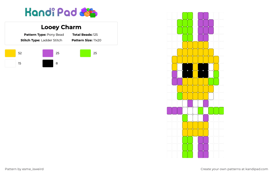 Looey Charm - Pony Bead Pattern by esme_isweird on Kandi Pad - yellow,looey,dandys world,looey dandys world,kandi,charm,kandi charm,easy,ladder stitch