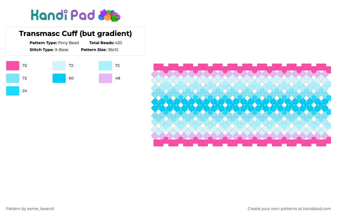 Transmasc Cuff (but gradient) - Pony Bead Pattern by esme_isweird on Kandi Pad - pink,light blue,transmasc,cuff,transmasc cuff,pride,pride cuff,lgbt,lgbtqia,lgbtqia cuff
