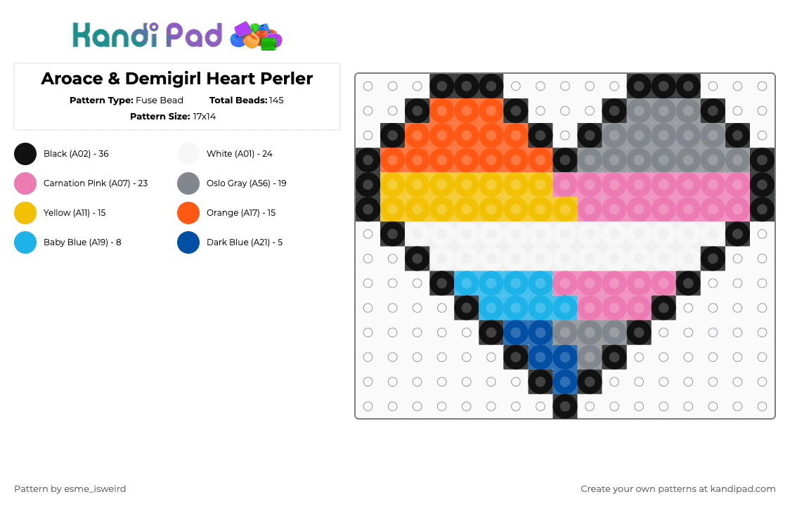 Aroace & Demigirl Heart Perler - Fuse Bead Pattern by esme_isweird on Kandi Pad - aroace, demigirl, easy, gray, heart, lgbt, orange, perler, pink, pride, pride perler, yellow