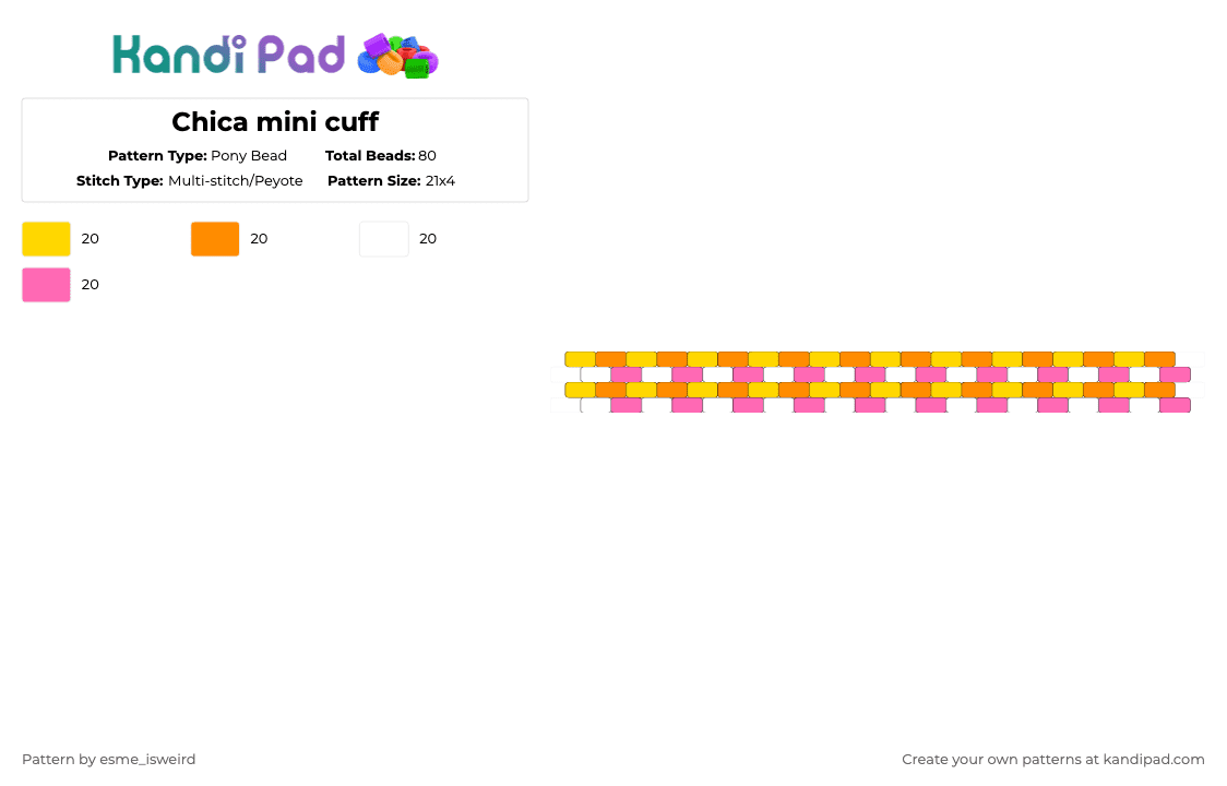 Chica mini cuff - Pony Bead Pattern by esme_isweird on Kandi Pad - yellow,orange,pink,mini cuff,cuff,chica,fnaf,five nights at freddys,chica cuff,chica fnaf,fnaf cuff