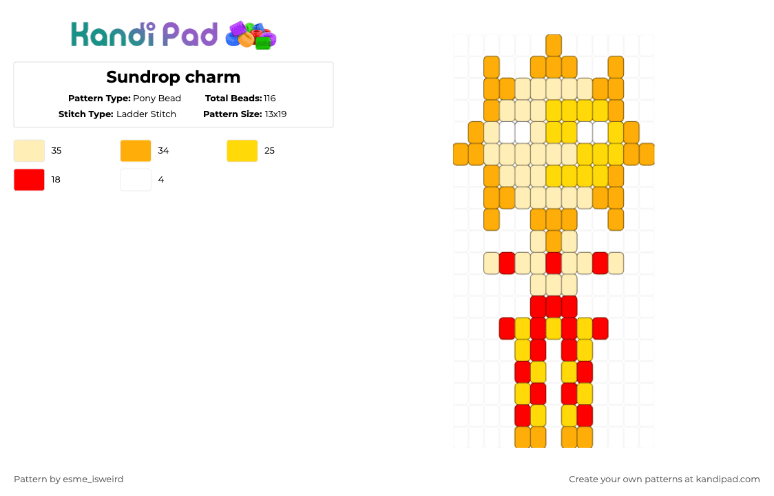 Sundrop charm - Pony Bead Pattern by esme_isweird on Kandi Pad - yellow,sundrop,charm,sundrop charm,fnaf,five nights at freddys,security breach,easy,sun