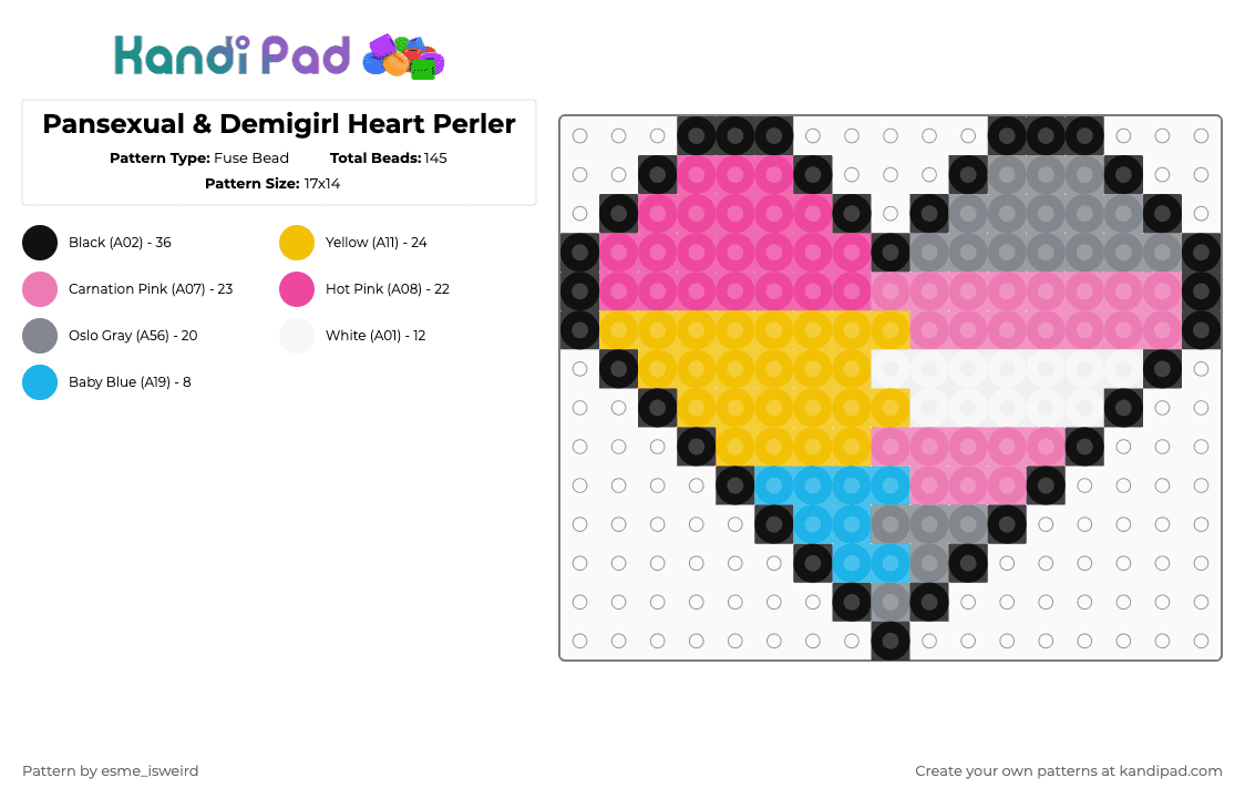 Pansexual & Demigirl Heart Perler - Fuse Bead Pattern by esme_isweird on Kandi Pad - demigirl, easy, heart, lgbt, pansexual, perler, pink, pride, pride perler, yellow