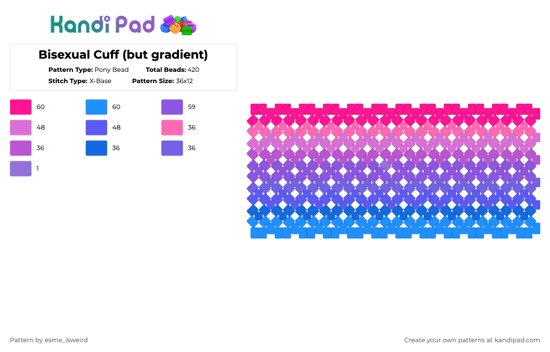 Bisexual Cuff (but gradient) - Pony Bead Pattern by esme_isweird on Kandi Pad - pink,blue,bisexual,cuff,bisexual cuff,pride,pride cuff,lgbt,lgbtqia,lgbtqia cuff