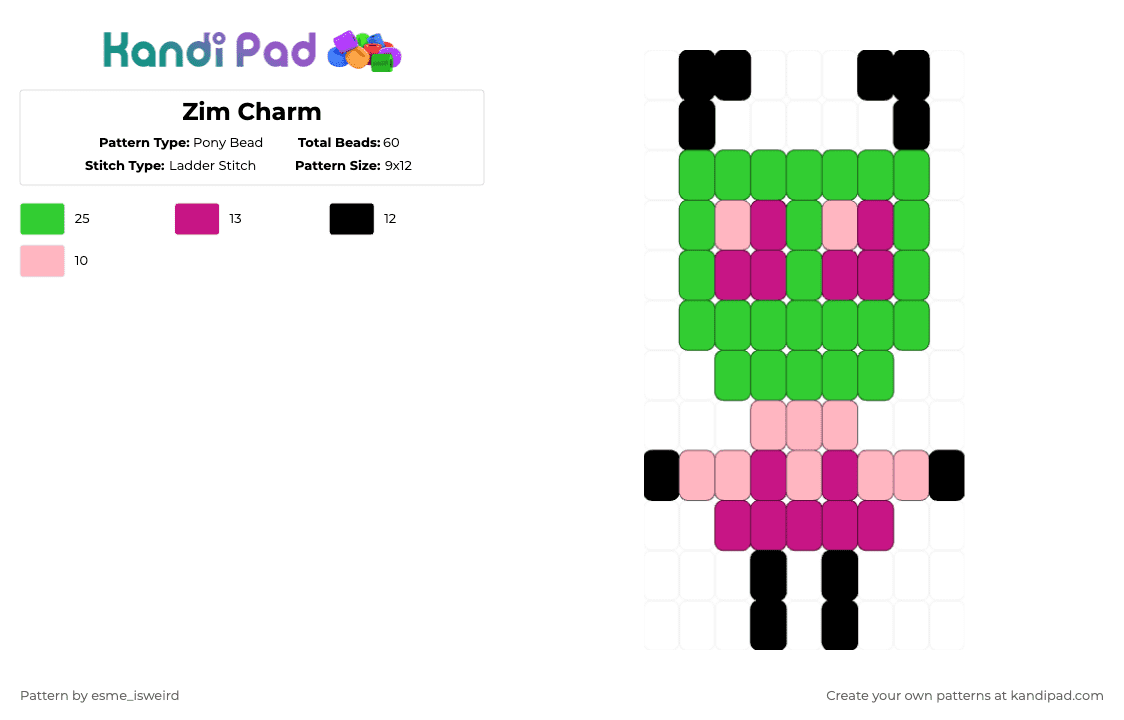 Zim Charm - Pony Bead Pattern by esme_isweird on Kandi Pad - green,pink,zim,invader zim,zim charm,invader zim charm,easy,charm,ladder,peyote