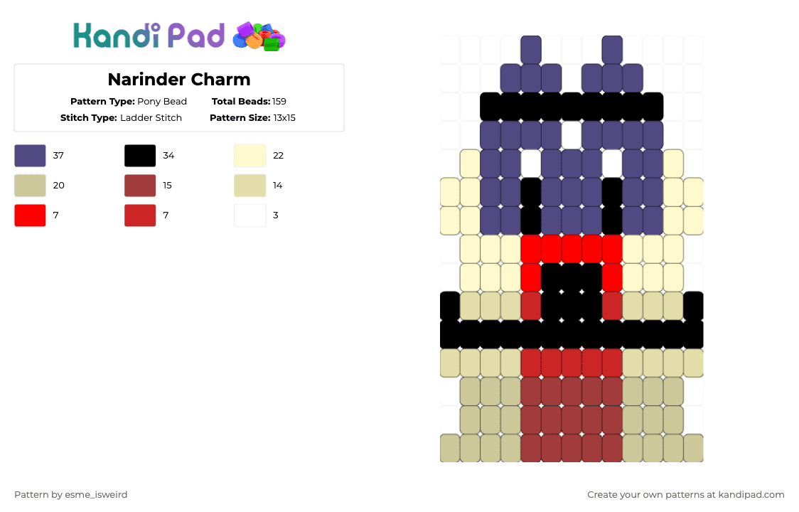 Narinder Charm - Pony Bead Pattern by esme_isweird on Kandi Pad - purple,red,beige,cotl,cult of the lamb,charm,narinder,narinder charm,cotl charm,easy,cult of the lamb charm
