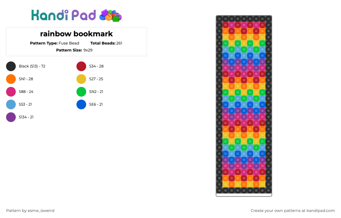 rainbow bookmark - Fuse Bead Pattern by esme_isweird on Kandi Pad - red,pink,orange,yellow,bookmark,easy,perler,rainbow,colors,neon,fuse beads