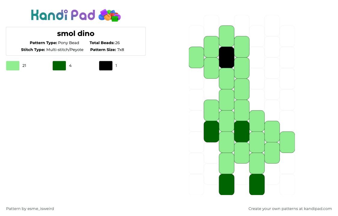 smol dino - green - Pony Bead Pattern by esme_isweird on Kandi Pad - teal,dinosaur,charm,easy,dino,small,animal,rawr,green