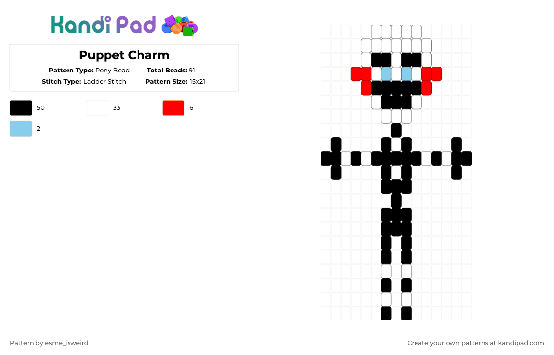 Puppet Charm - Pony Bead Pattern by esme_isweird on Kandi Pad - black,white,red,fnaf,puppet,charm,puppet charm,easy,five nights at freddys,ladder stitch,charlotte