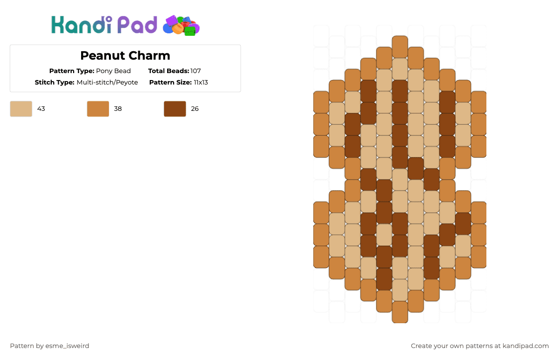 Peanut Charm - Pony Bead Pattern by esme_isweird on Kandi Pad - beige,orange,peanut,peanuts,food,charm,kandi,peanut charm,kandi charm,food charm