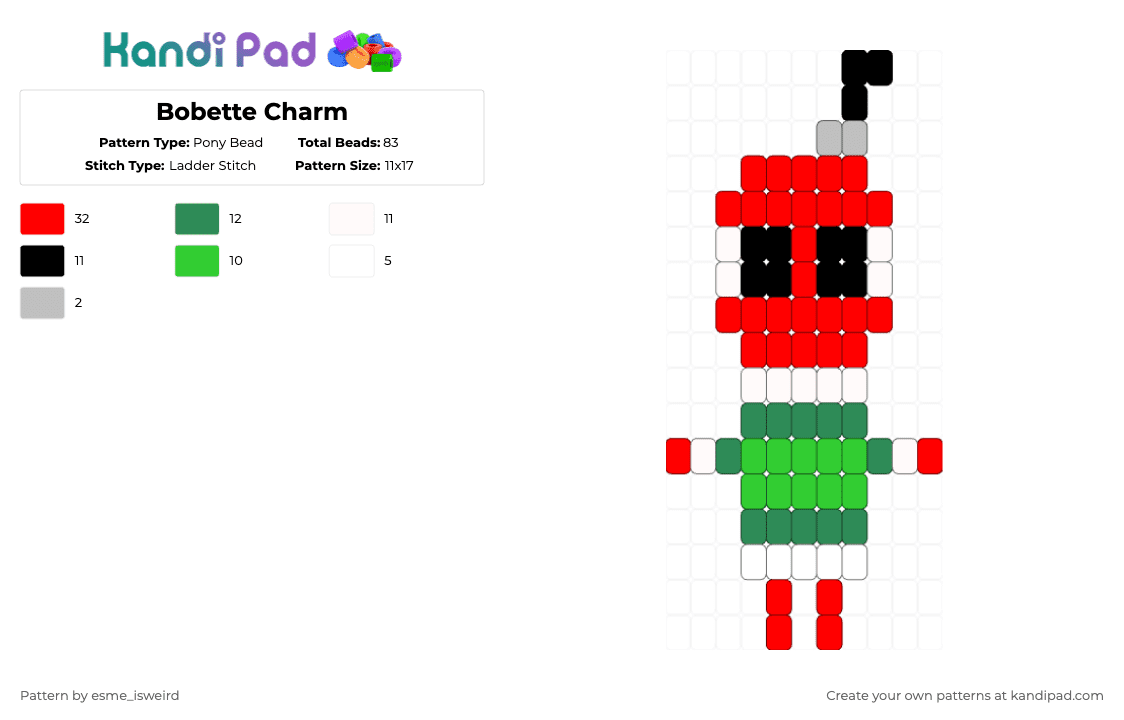 Bobette Charm - Pony Bead Pattern by esme_isweird on Kandi Pad - red,green,bobette,dandys world,bobette dandys world,kandi charm,charm,bobette charm,easy,ladder stitch