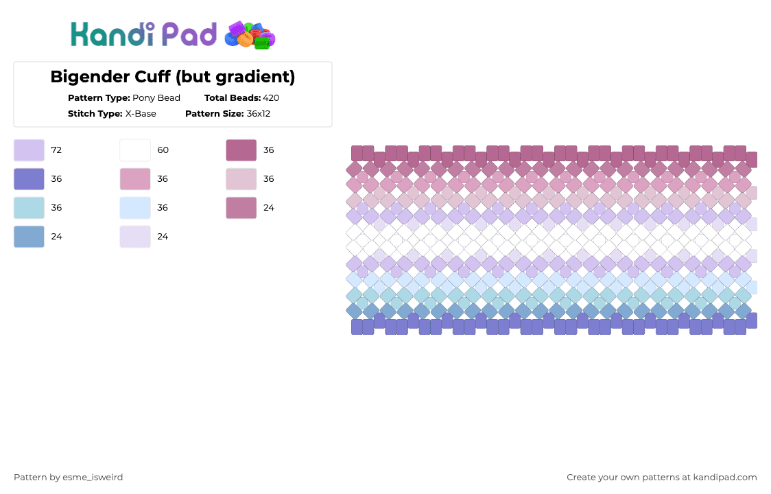 Bigender Cuff (but gradient) - Pony Bead Pattern by esme_isweird on Kandi Pad - pink,bigender,cuff,bigender cuff,pride,pride cuff,lgbt,lgbtqia,lgbtqia cuff