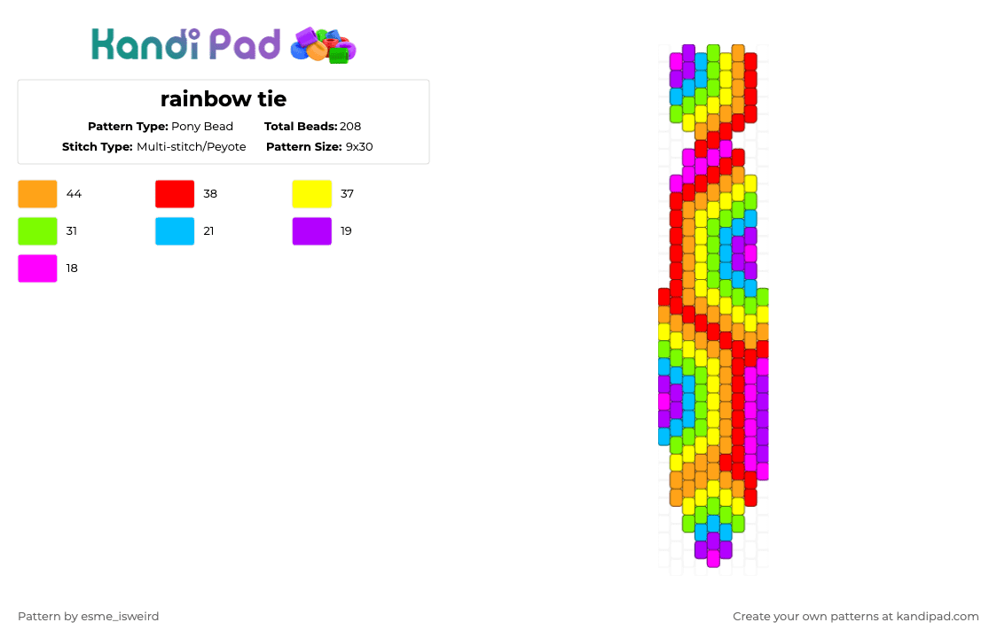 rainbow tie - Pony Bead Pattern by esme_isweird on Kandi Pad - green,yellow,orange,red,tie,easy,rainbow,neon,colors,rainbow tie