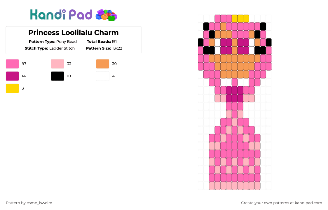 Princess Loolilalu Charm - Pony Bead Pattern by esme_isweird on Kandi Pad - pink,princess loolilalu,tadc,charm,princess loolilalu charm,tadc charm,the amazing digital circus,easy,ladder peyote