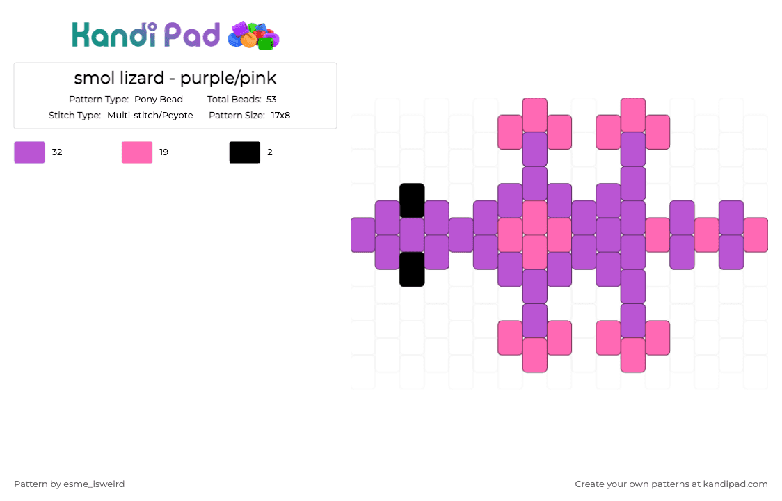 smol lizard - purple/pink - Pony Bead Pattern by esme_isweird on Kandi Pad - pink,purple,lizard,easy,animal