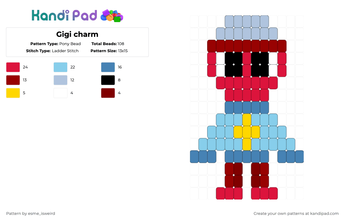 Gigi charm - Pony Bead Pattern by esme_isweird on Kandi Pad - red,light blue,gigi,dandys world,gigi dandys world,kandi,charm,kandi charm,ladder stitch,easy