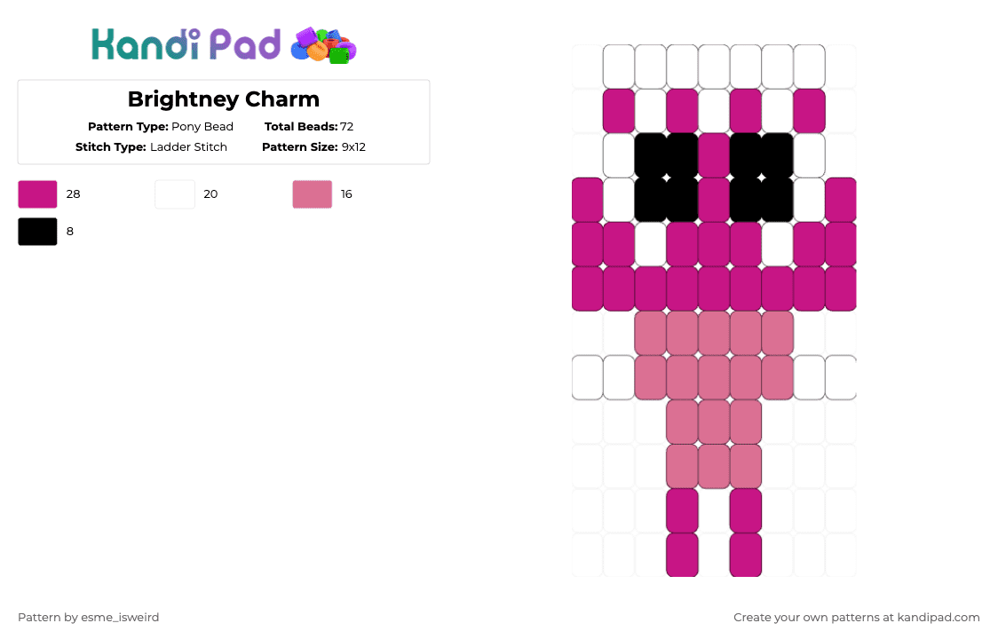 Brightney Charm - Pony Bead Pattern by esme_isweird on Kandi Pad - pink,white,brightney,dandys world,brightney dandys world,charm,kandi,kandi charm,ladder stitch,easy