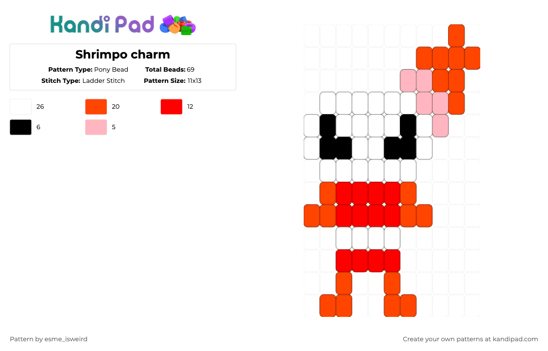 Shrimpo charm - Pony Bead Pattern by esme_isweird on Kandi Pad - red,shrimpo,shrimpo dandys world,dandys world,kandi,charm,kandi charm,easy,ladder stitch