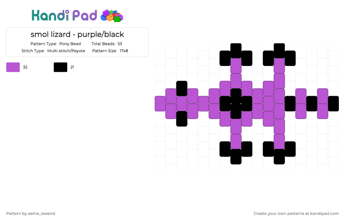 smol lizard - purple/black - Pony Bead Pattern by esme_isweird on Kandi Pad - pink,black,lizard,easy,animal,purple