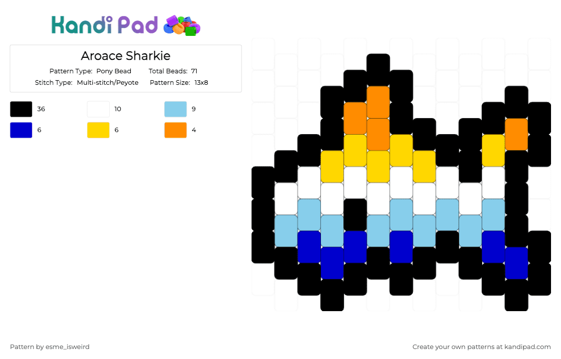 Aroace Sharkie - Pony Bead Pattern by esme_isweird on Kandi Pad - black,light blue,purple,yellow,shark,easy,aroace,charm,animal,pride,lgbt