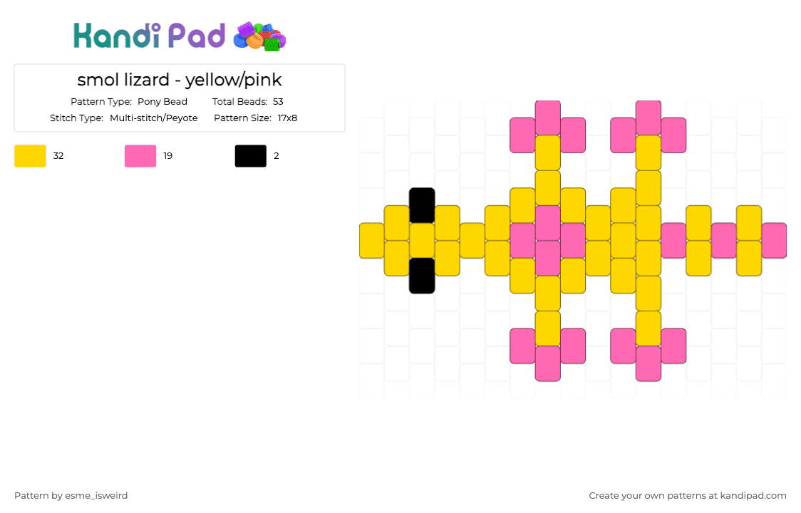 smol lizard - yellow/pink - Pony Bead Pattern by esme_isweird on Kandi Pad - yellow,pink,lizard,easy,animal